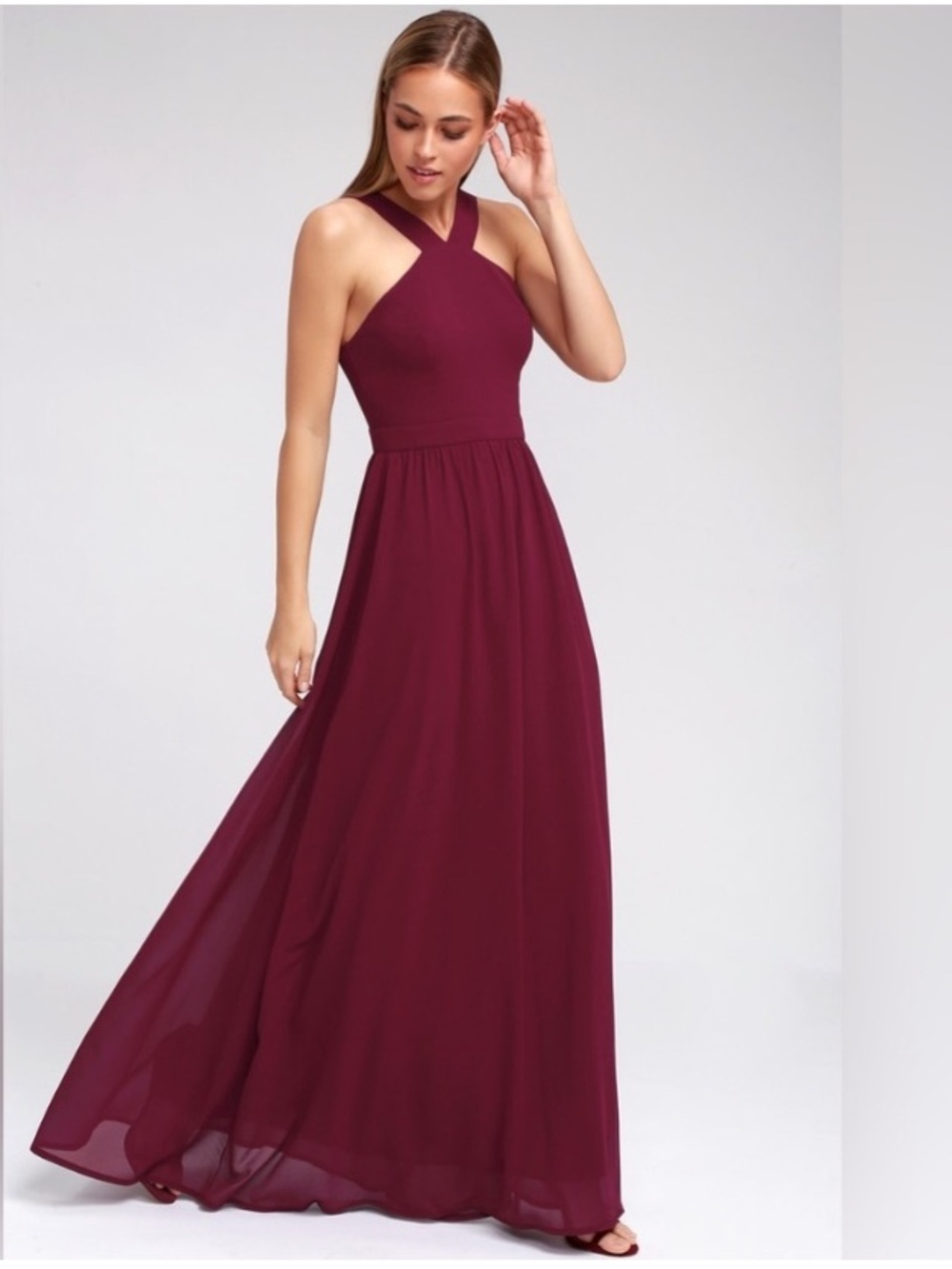 Lulu’s Burgundy/Wine Crisscross Halter Formal/Wedding Guest Maxi Dress Size L